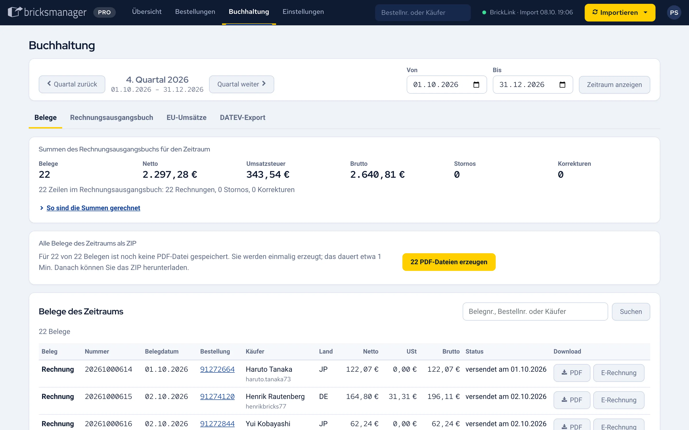 Buchhaltung in Bricksmanager: Summen des Quartals mit Netto, Umsatzsteuer und Brutto und darunter die Liste der Belege